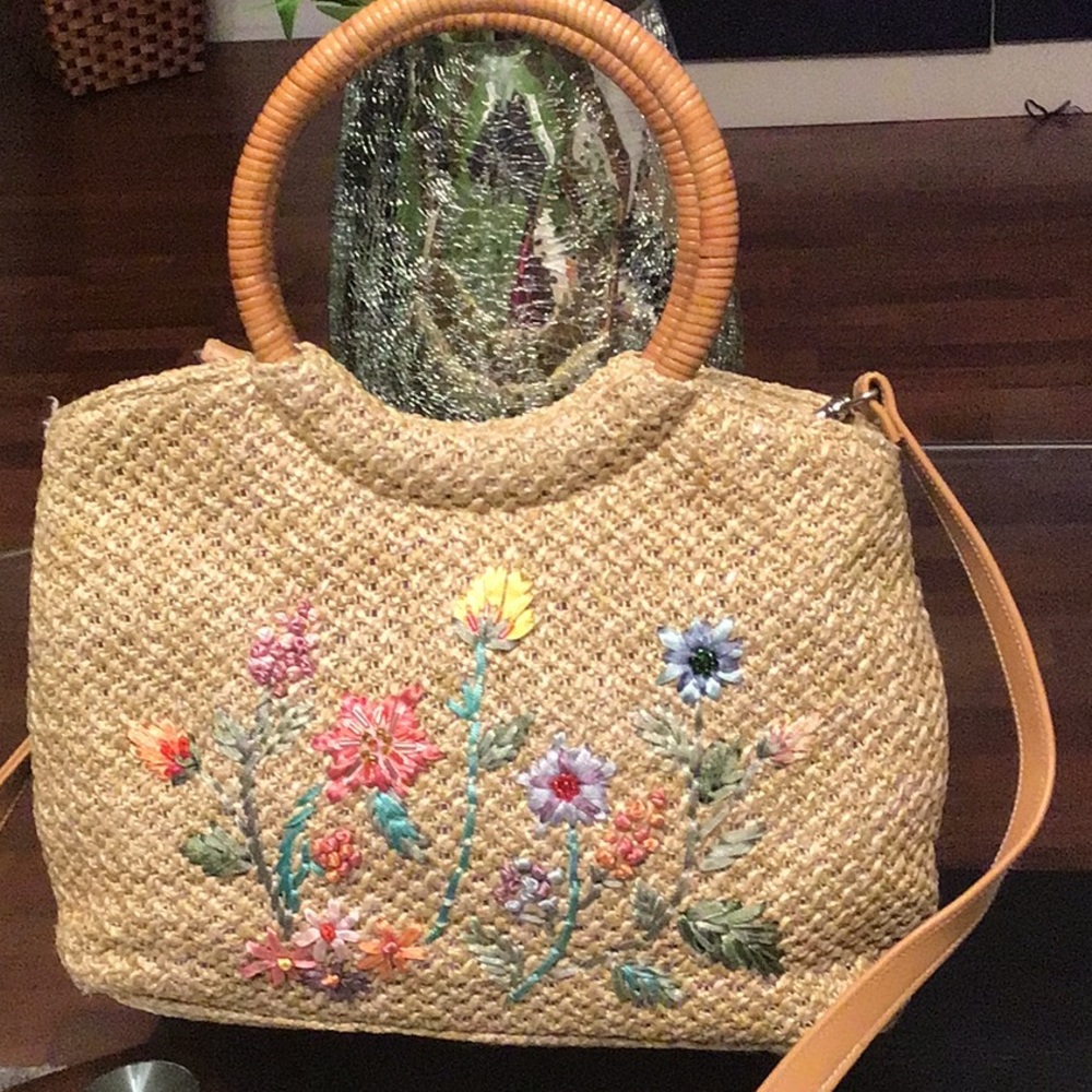 Floral Embroidered Straw Bag with Tan Handles